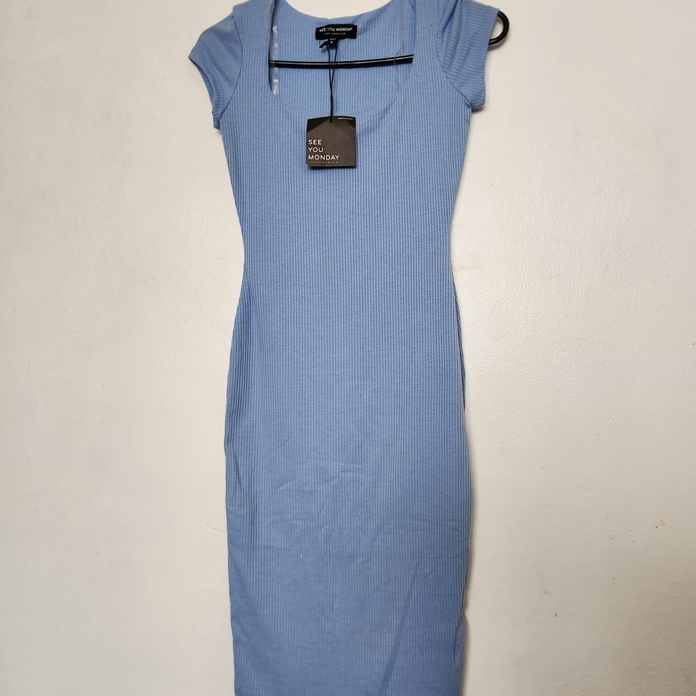 See You Monday Blue Puff Sleeve Bodycon Dress